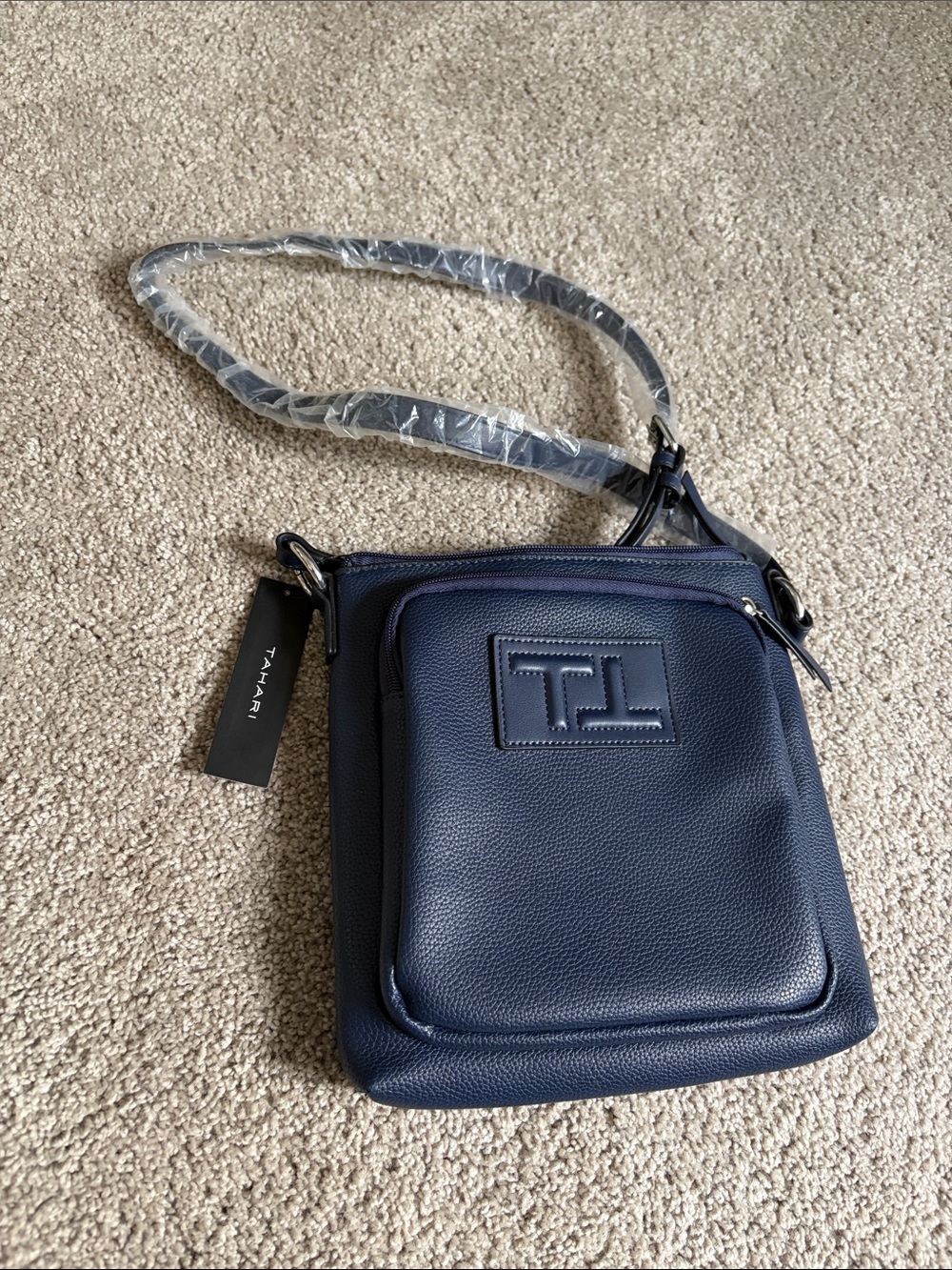 Tahari Navy Pebbled Leather Messenger Crossbody